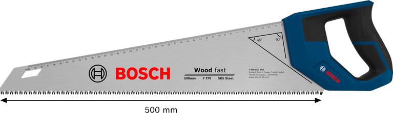 Cưa tay Bosch 500 mm, 7 răng/inch, dùng để cắt gỗ nhanh chóng.